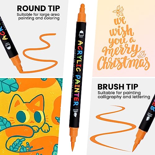 18 Colors Paint Pens, Acrylic Paint Pens Paint Markers, Dual Tip Pens With Medium Tip and Brush Tip for Rock Painting, Wood, Ceramic, Fabric, Canvas, Easter Eggs, Pumpkin Kit, DIY Crafts
