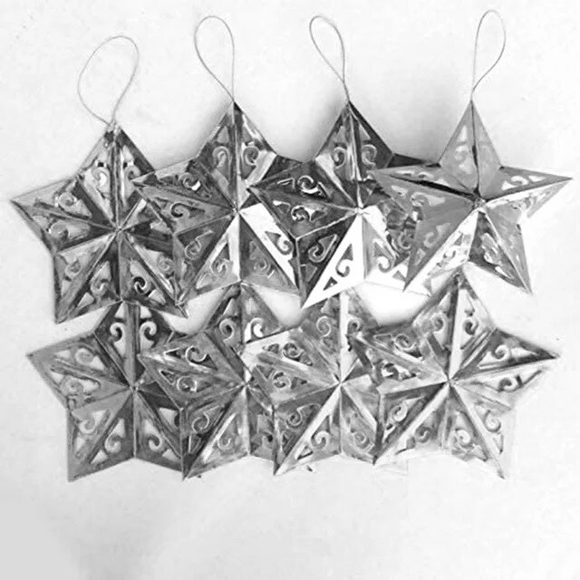 Silver Star Christmas Tree Ornaments Set COLLAPSIBLE (8 ct.) 5 Inches Tall