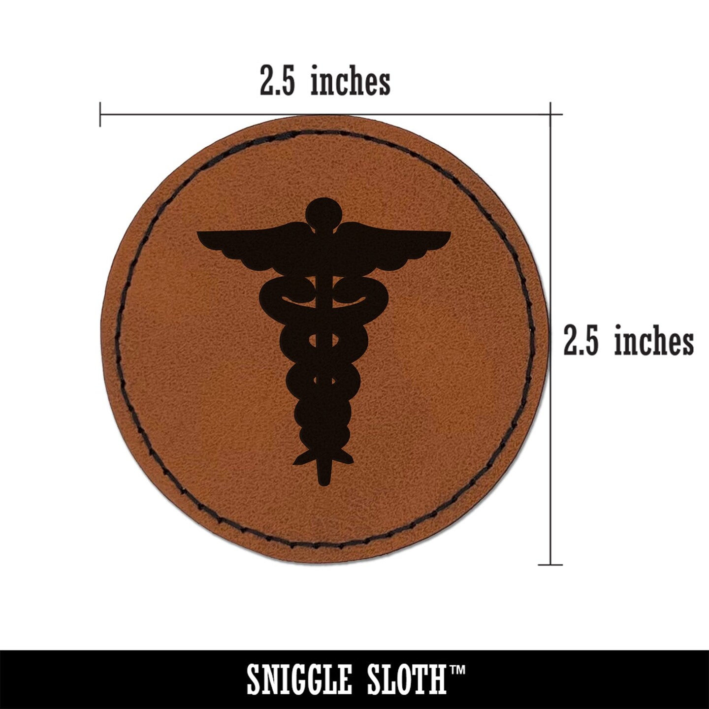 Staff of Hermes Silhouette Caduceus Medical Symbol Round Iron-On Engraved Faux Leather Patch Applique - 2.5&#x22;
