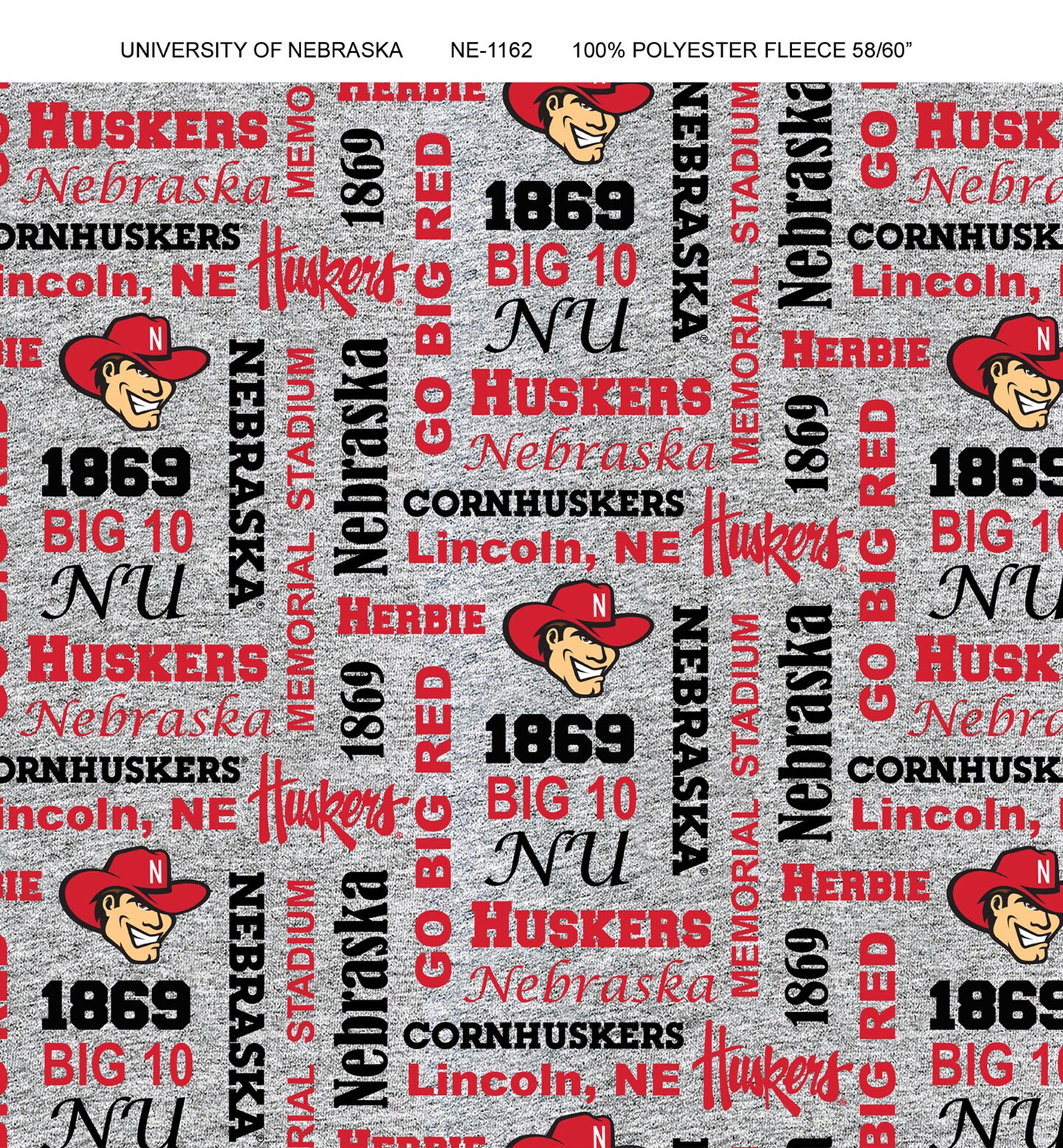 Sykel Enterprises-University of Nebraska Fleece Fabric-Nebraska Cornhuskers Heather Verbiage Fleece Blanket Fabric-Sold by the yard