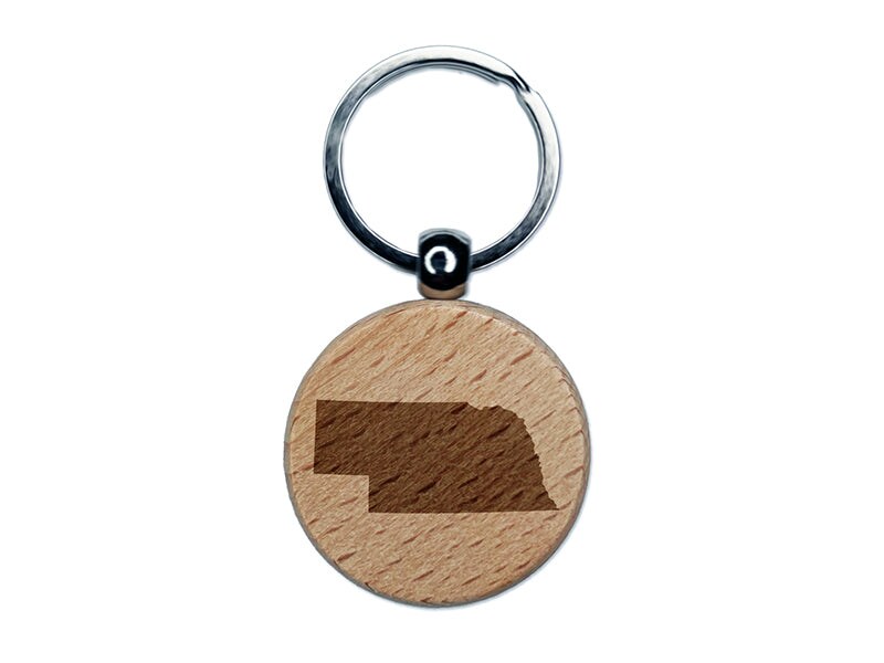 Nebraska State Silhouette Engraved Wood Round Keychain Tag Charm