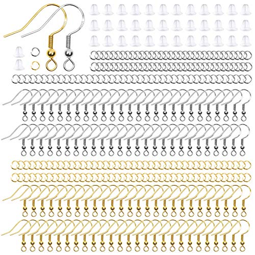 Hypoallergenic Earring Hooks, Thrilez 600Pcs Earring Making Kit with Jump Rings and Clear Rubber Earring Backs for DIY Jewelry Making (Silver and Gold)