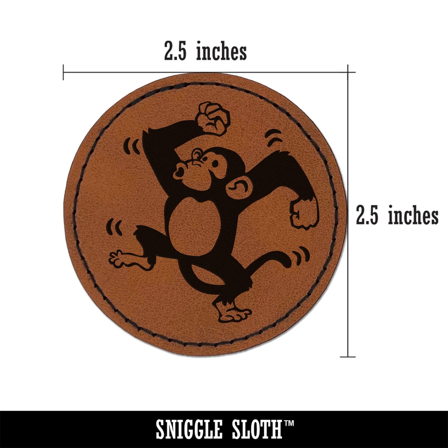 Fun Dancing Monkey Round Iron-On Engraved Faux Leather Patch Applique - 2.5&#x22;