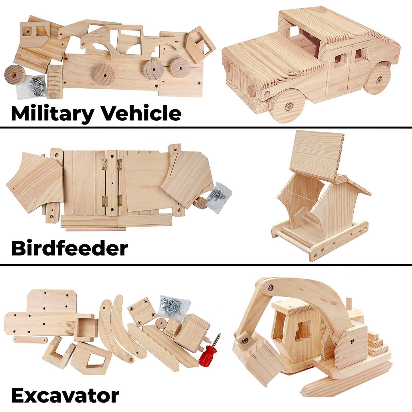 Kraftic Woodworking Building Kit for Kids and Adults, 3 Educational DIY Carpentry Construction Wood Model Kit STEM Toy Projects for Boys and Girls - Wooden Military Vehicle, Excavator and Bird-Feeder