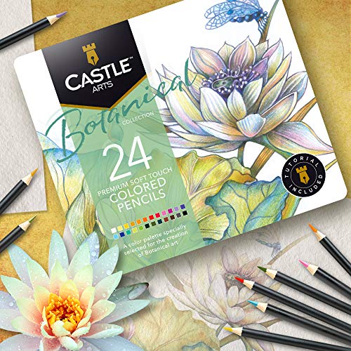 Themed 24 Colored Pencil Set in Tin Box, perfect colors for ‘Botanical’ Art. Featuring quality, smooth colored cores, superior blending & layering performance for great results