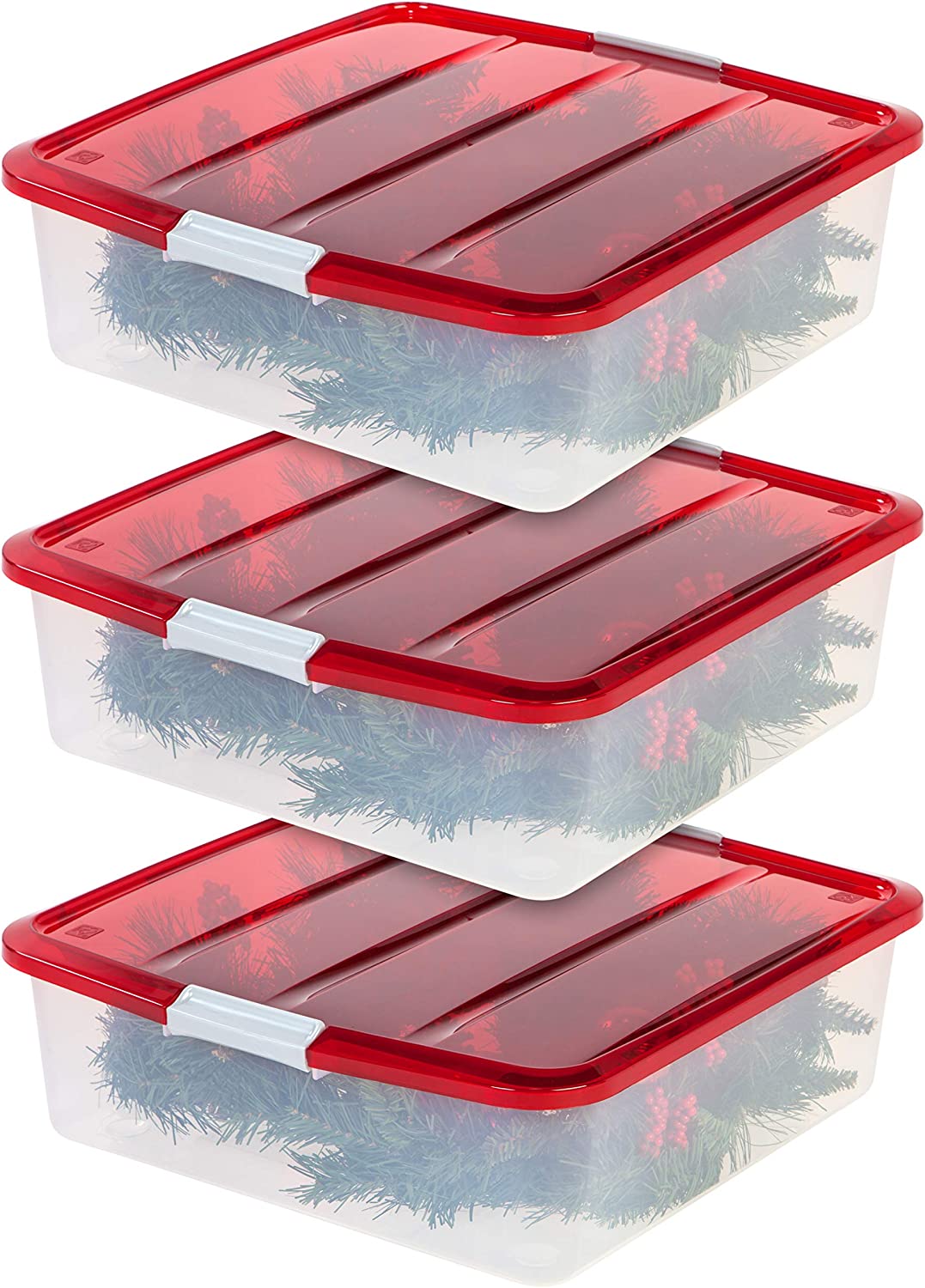 IRIS USA 33Qt. 3 Pack Holiday Wreath Storage Container Box with Lid, Clear/Red