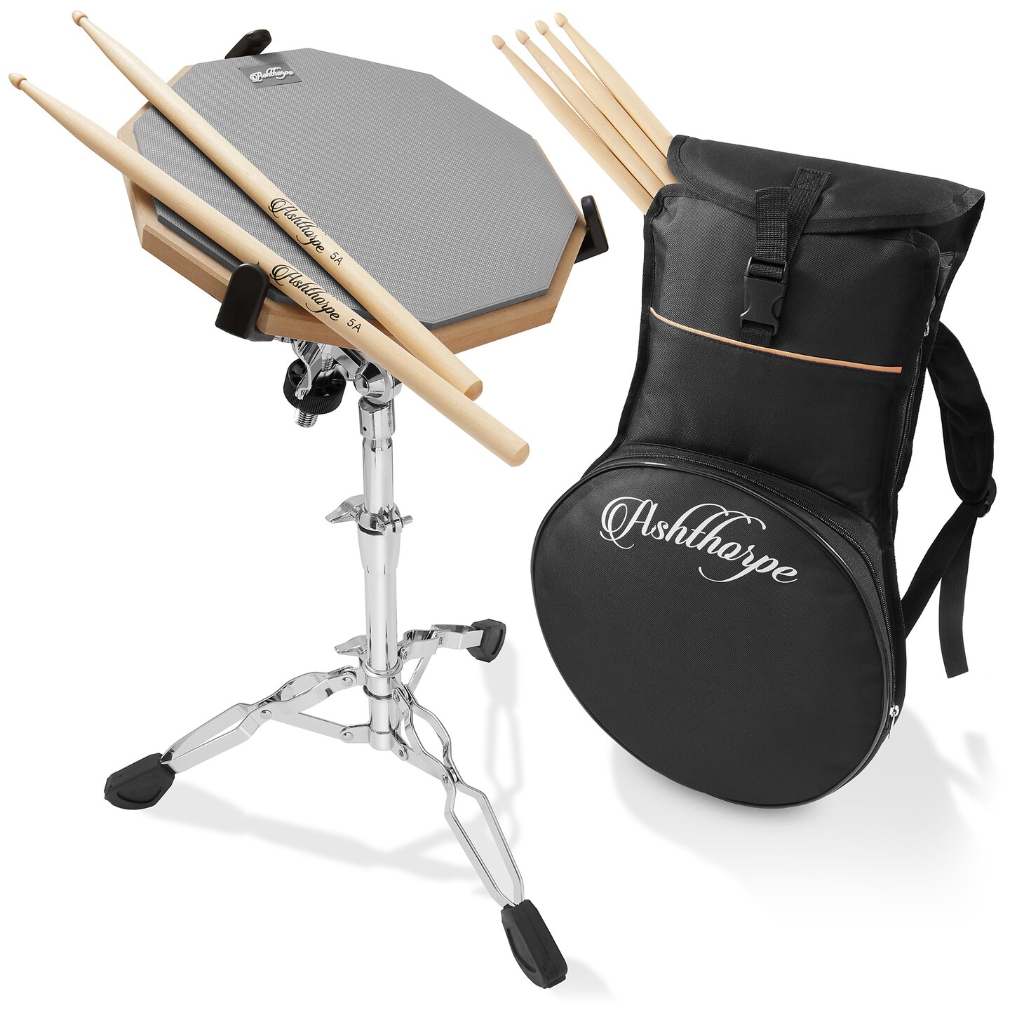 Ashthorpe Drum Practice Pad Set with Snare Stand - 12-Inch Double-Sided Silent Drum Pad Kit Includes Backpack Carrying Bag and Drumsticks