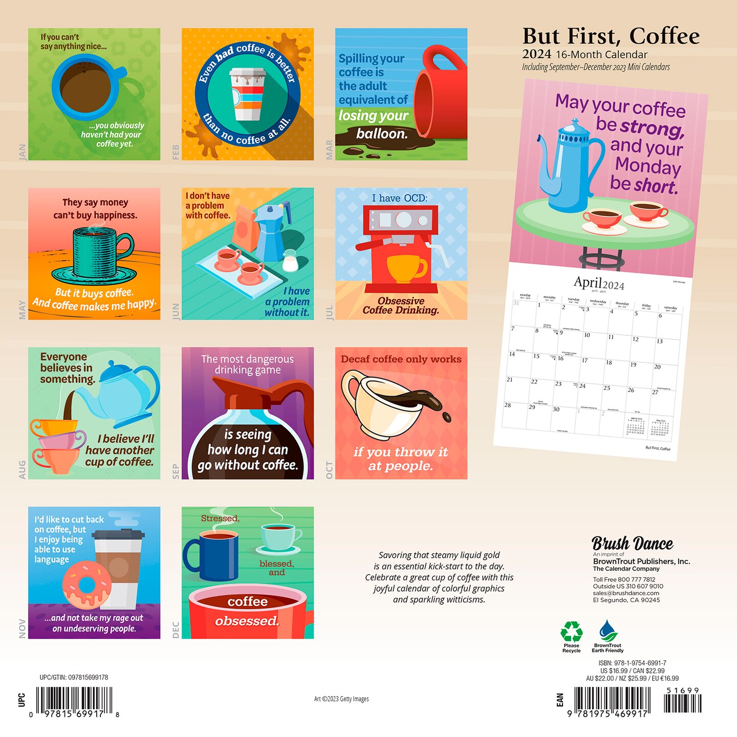 But First Coffee | 2024 12 x 24 Inch Monthly Square Wall Calendar | Brush Dance | Drink Beverage Shop Caf&#xE9; Beans