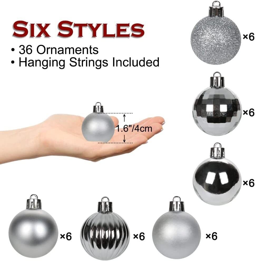 1.6in 36-Piece Shatterproof Christmas Balls - Xmas Tree Ornaments