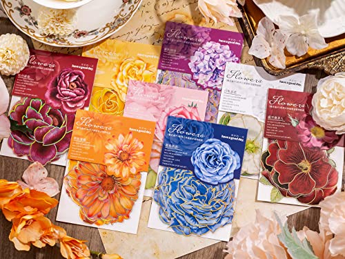 80 Pieces Large Size Flower Stickers with Gold Holographic Outlines, Glitter Shiny Floral Waterproof Decorative Decals for Scrapbooking Supplies Junk Journal Bullet Journals Planners