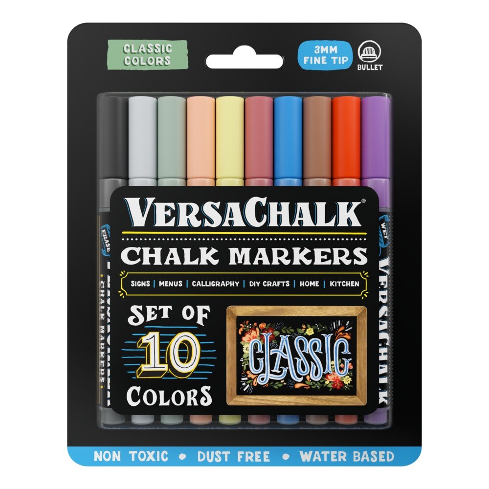 VersaChalk Classic Liquid Chalk Markers for Chalkboards, Set of 10 - 3mm  Fine Tip