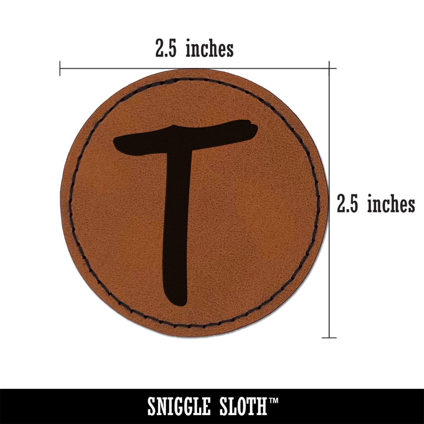 Letter T Uppercase Felt Marker Font Round Iron-On Engraved Faux Leather Patch Applique - 2.5&#x22;