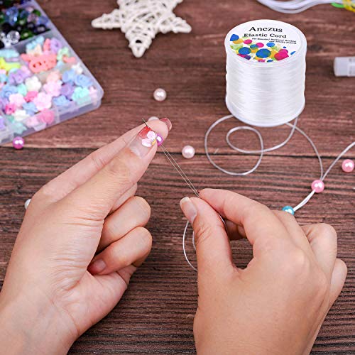 Stretchy String for Bracelets, Anezus Elastic String Jewelry Bead Cord with 2 Pieces Large Eye Beading Needles for Seed Beads, Pony Beads, Bracelets and Jewelry Making White