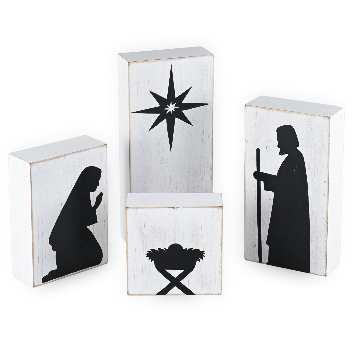 Ornativity Wooden Block Nativity Scene - Black Silhouette Christmas Figures on White Painted Wood Blocks Indoor Nativity Table Top Set Decorations - 1 Set