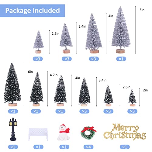 UNIPRIMEBBQ Mini Miniature Christmas Pine Tree Bottle Brush Trees Wooden Bases Tree for Your Village Desktop Xmas Holiday Party (Silver/Green 30pcs)