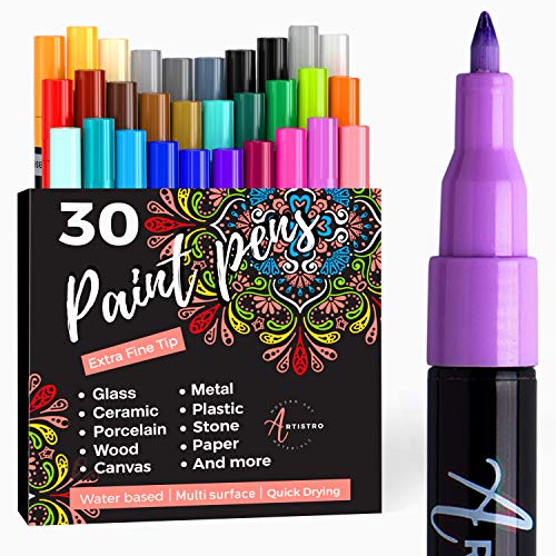 30 Acrylic Paint Pens for Rock, Stone, Ceramic, Glass, Mugs, Wood, Fabric  Extra-fine. 28 Assorted Colors Extra Black & White Paint Markers 