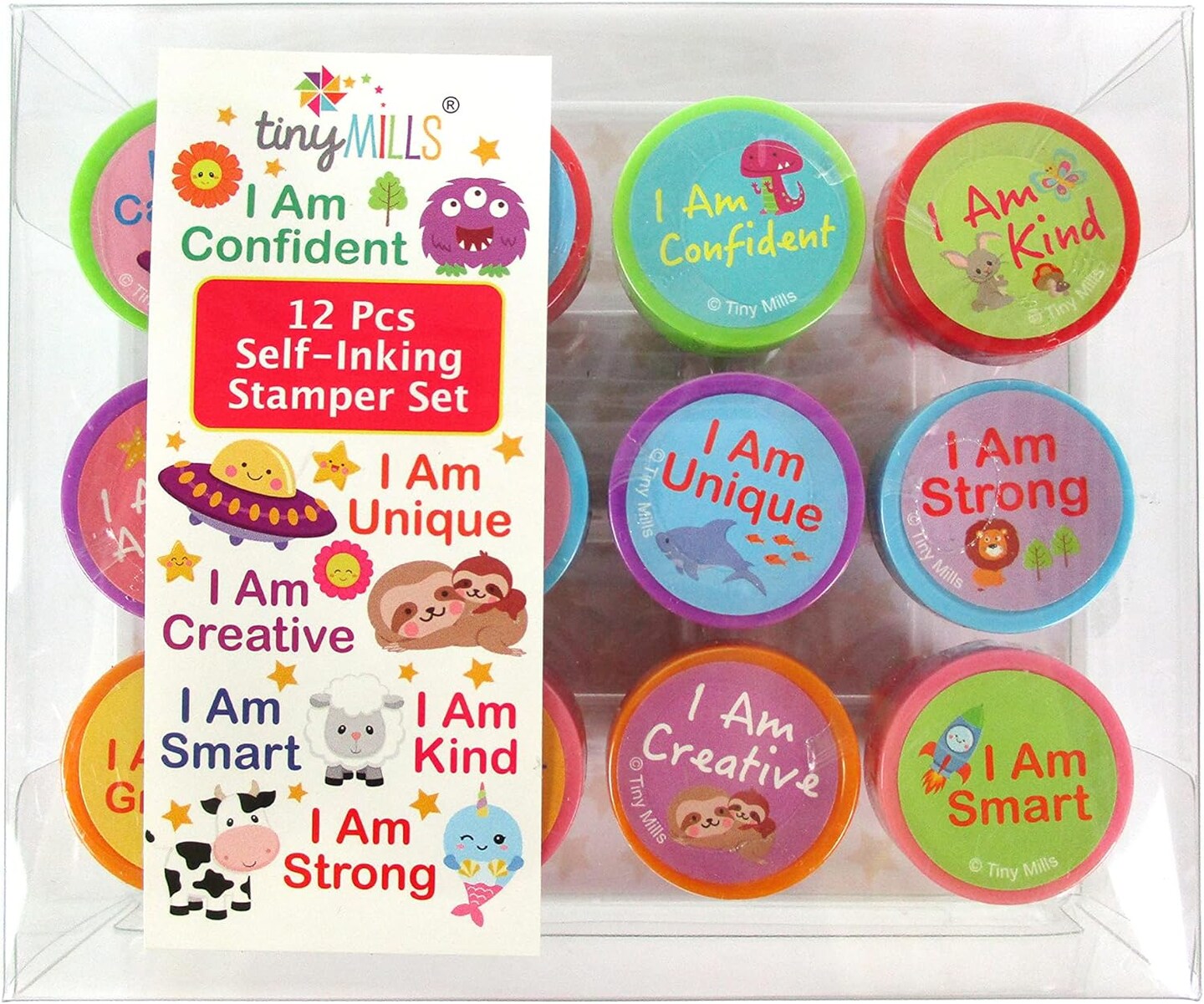 TINYMILLS 12 Pcs Positive Affirmation Stamp Kit for Kids - Positive Mindfulness Self Inking Stamps
