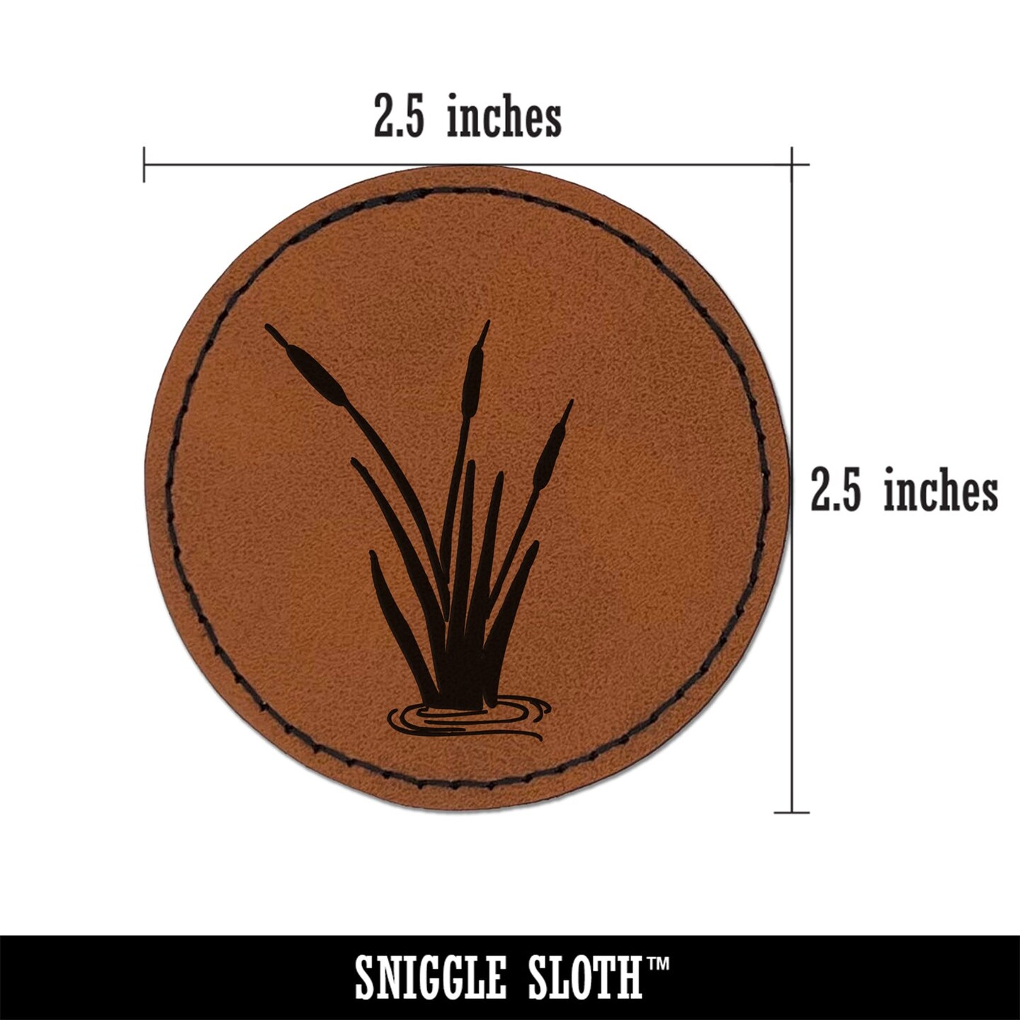 Cattails in Water Round Iron-On Engraved Faux Leather Patch Applique - 2.5&#x22;
