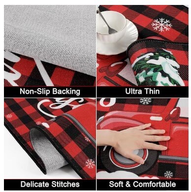 Christmas Runner Rug 2x6 Non Slip Low Pile Christmas Rug Truck in Red Christmas Tree Red and Black Buffalo Checker Plaid Xmas Carpet Floor Mat for Entryway Hallway Kitchen Bedroom