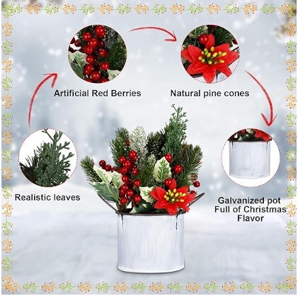 Artificial Christmas Table Decorations (Set of 6) Mini Christmas Centerpiece 10" LED-Lighted Potted Tree Red Berries with Pine Cones Artificial Plants for Christmas Tabletop with Sturdy Stand