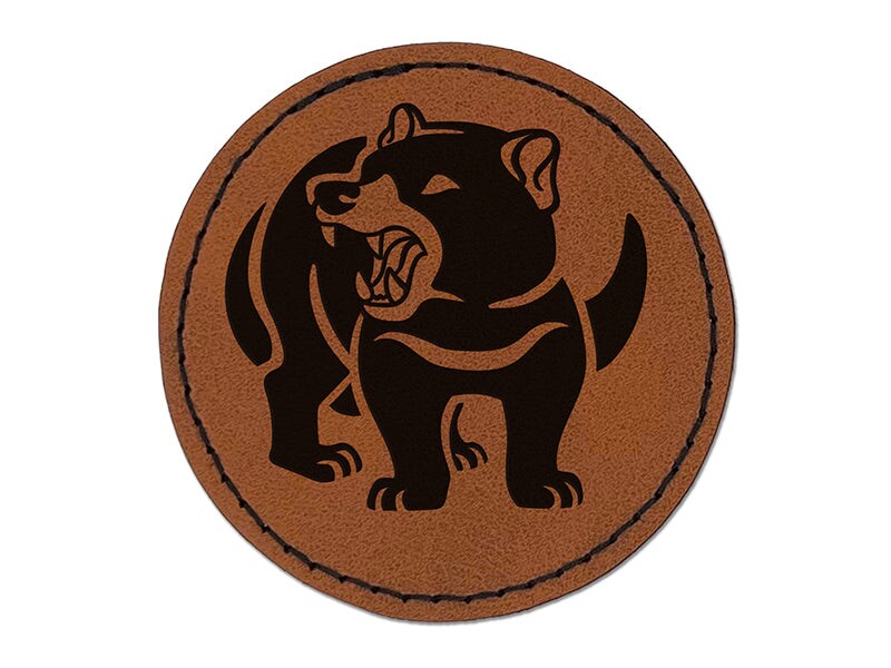 Tasmanian Devil Growling Round Iron-On Engraved Faux Leather Patch Applique - 2.5&#x22;