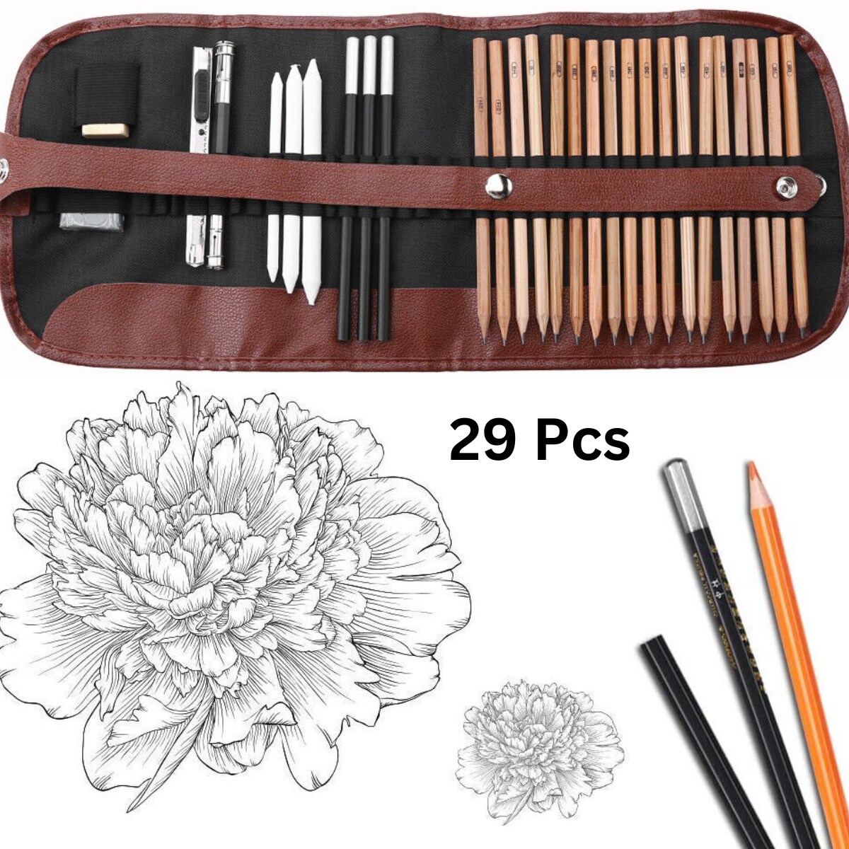 Professional Drawing Artist Pencil Kit with Sketch Charcoal and Bag 29pcs