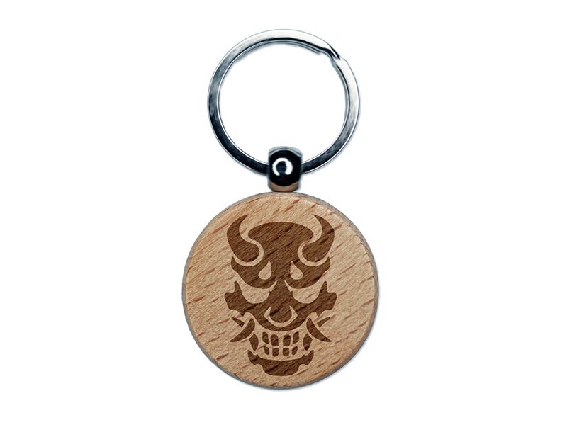 Oni Japanese Demon Mask Engraved Wood Round Keychain Tag Charm