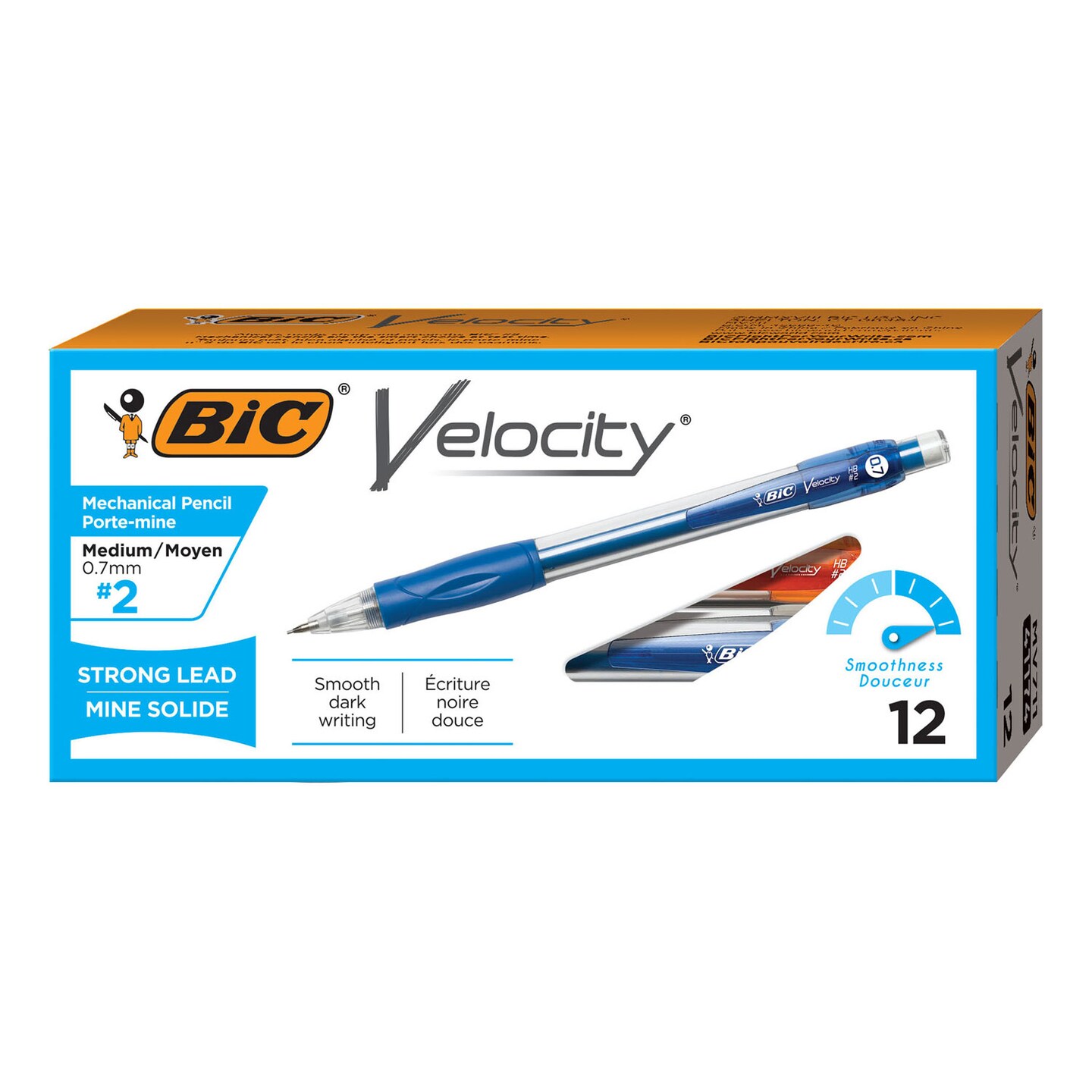 Bic Velocity Original Mechanical Pencil, 0.7 mm, HB (#2.5), Black Lead, Blue Barrel, Dozen
