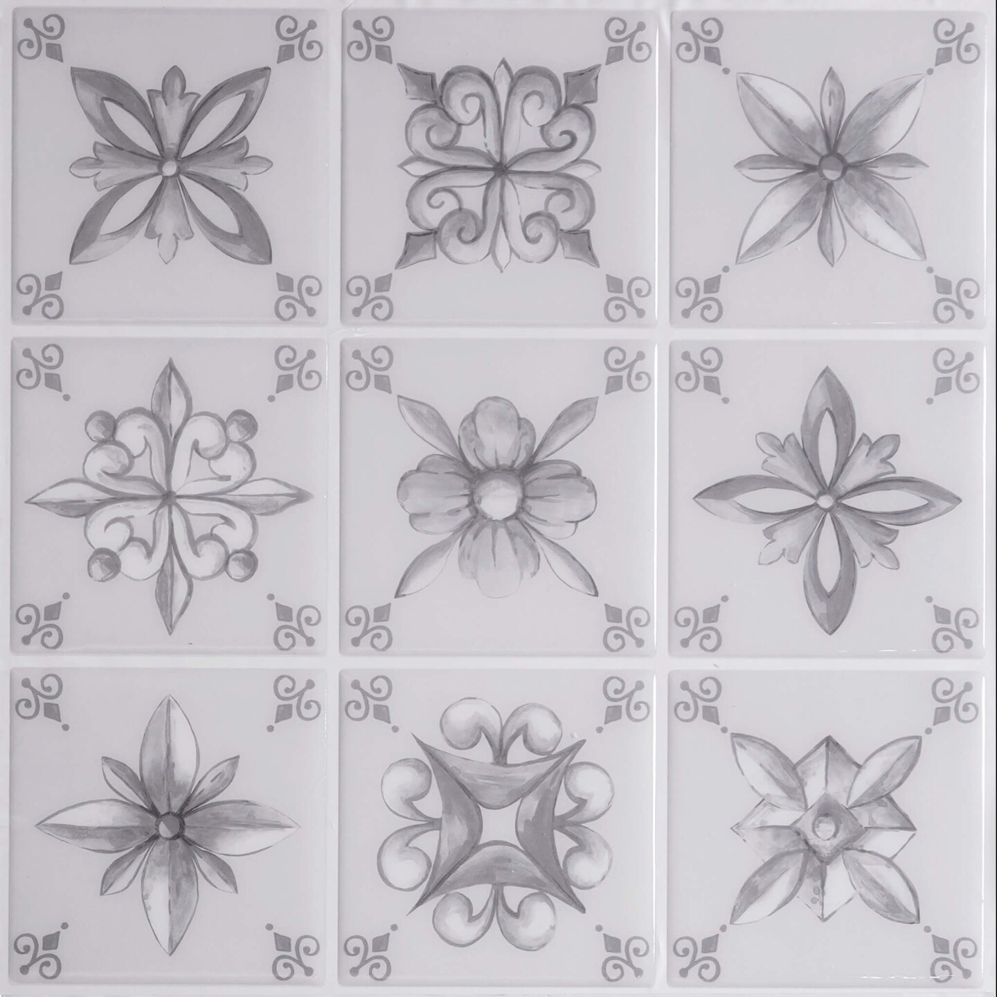 4-Pack Peel and Stick Tiles 10.5&#x22; x 10.5&#x22; Painted Floral Mosaic Print. Covers 3.06 Sq. Ft
