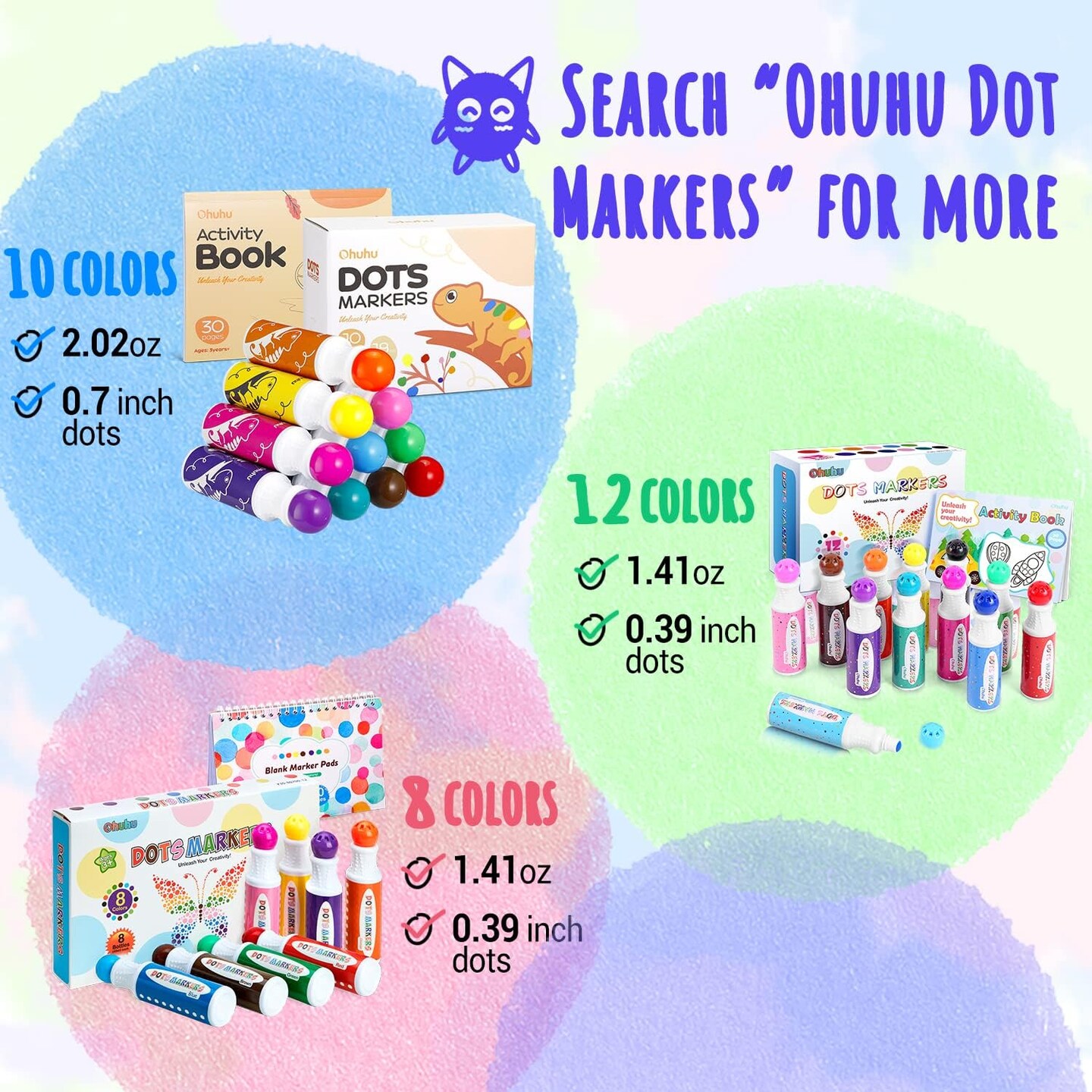Ohuhu Washable Large Dot Markers for Toddler 10 Colors Bingo Daubers  Updated Real Washable Ink 60 ml (2.02 oz) with 30 Pages Kids Activity Book  for Kids Children (3 Ages +) Preschool Dot Art Markers