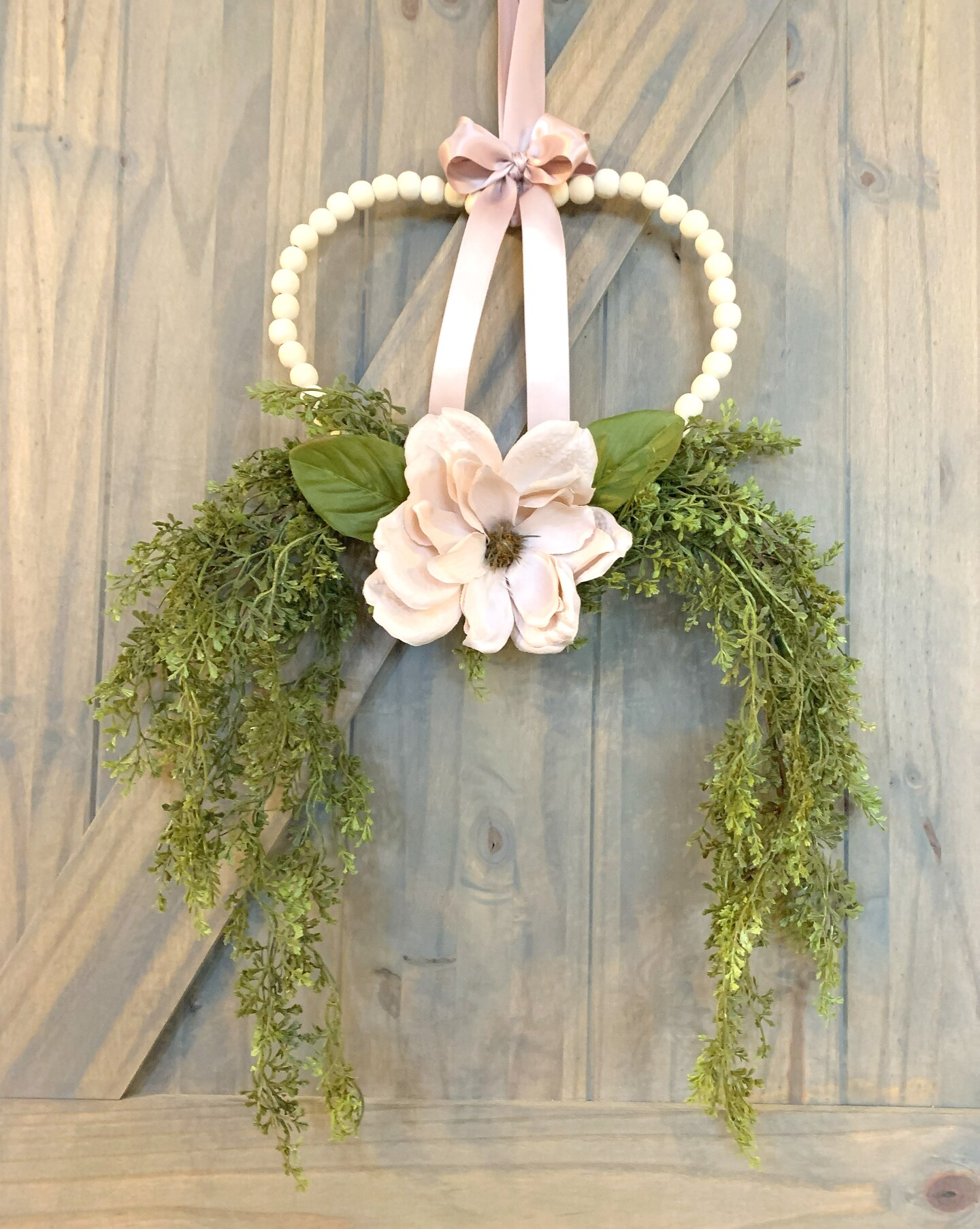 Valentine Heart Wreath, Shabby Chic, Wood Bead Heart Wreath, Elegant Wreath,  Blush Magnolia Blush Ribbon, Angel Wings, Pink Front Door Decor