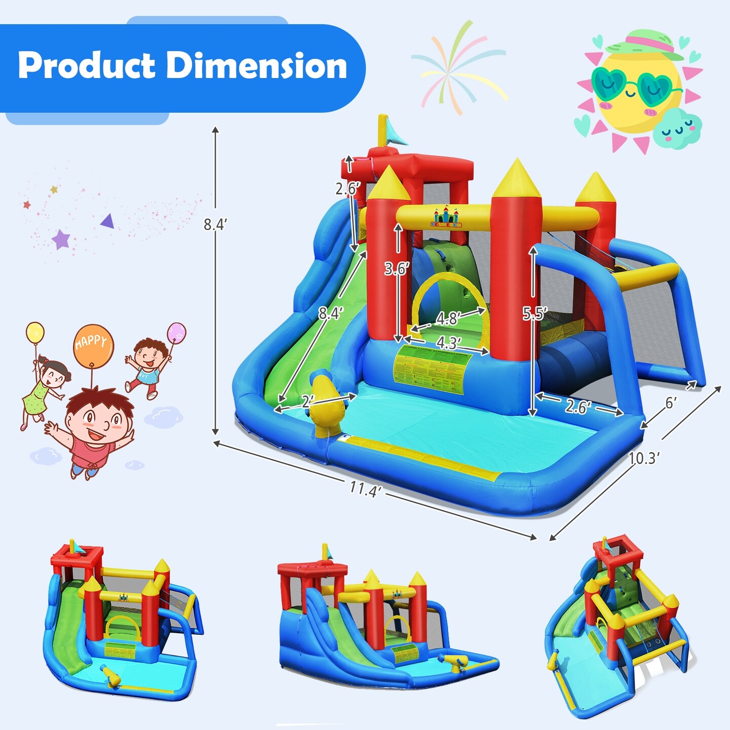 Kids 6-in-1 Inflatable Castle Slide Jump Climb Water Pool Ball Play 3-10 Years