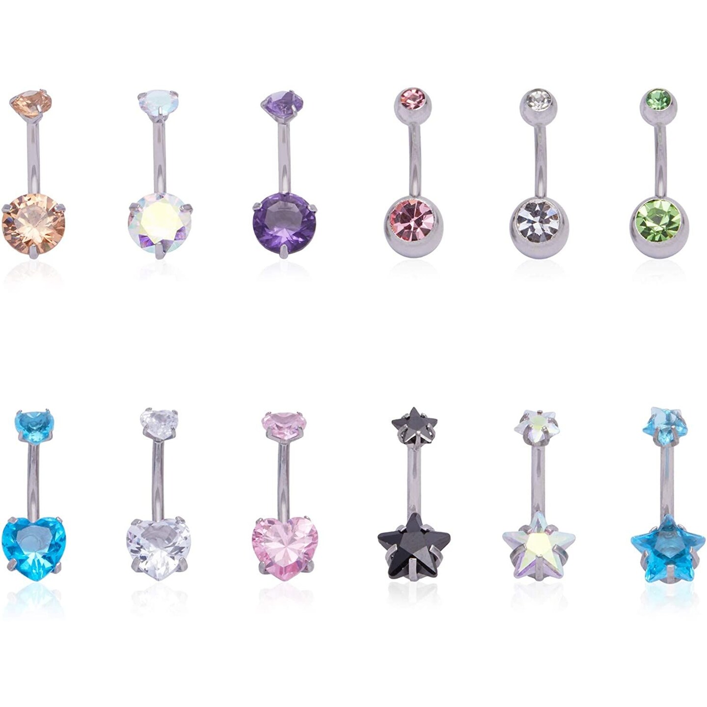 12 Pcs 14 G Zodaca Stainless Steel Belly Button Rings for Women