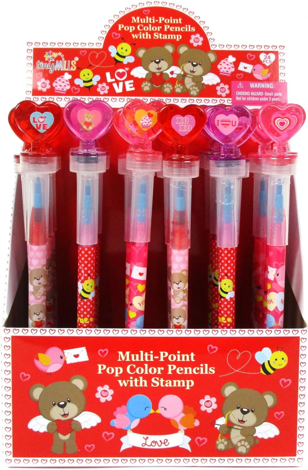 TINYMILLS 24 Pcs Valentine's Day 2 in 1 Stackable Stacking Crayon with Extra Stamper Topper, Valentine's Day Party Favors, Goodie Bag Stuffers, Valentine's Day Classroom Exchange