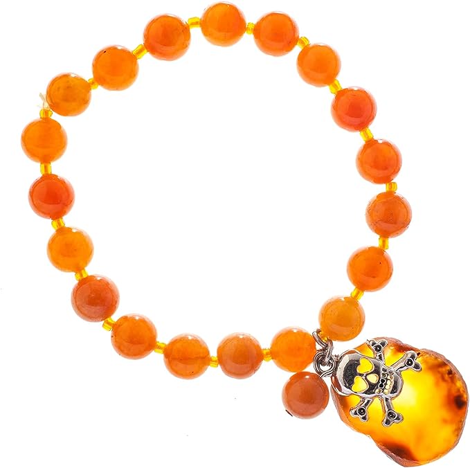 Earth&#x27;s Jewels Semi-Precious Peach Aventurine Orange Bracelet, Agate &#x26; Skull Charm