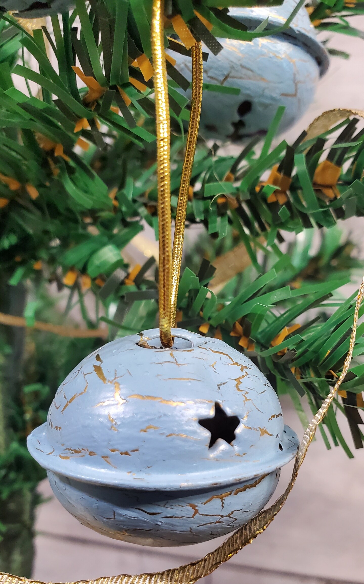 Glam Pastel Blue Gold Metallic Christmas Jingle Bell Ornament Set