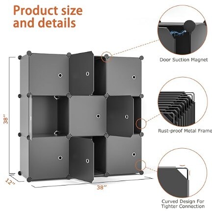 9-Cube Storage with Doors, Closet Organisers and Storage Shelves, Portable Closet Storage System Black Clothes Organiser Storage Shelf for Bedroom, Wardrobe