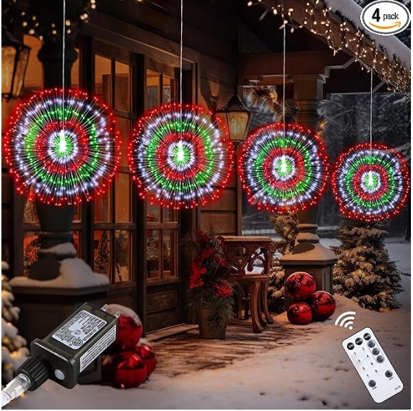 4 Pack 1440 LED Plug-in Christmas Starburst String Lights, Waterproof Hanging Firework Fairy String Lights 8 Modes with Remote Control for Porch Tent Christmas Party Decor (Red, White, Green).