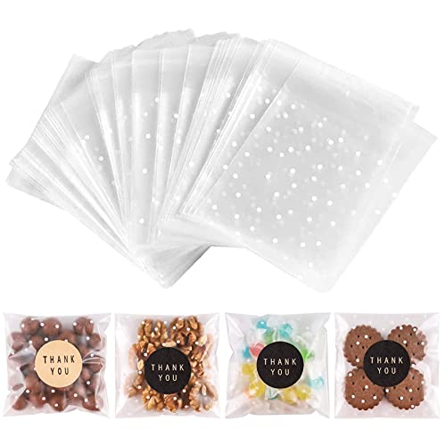 NPLUX 100PACK Self Adhesive Cookie Bags Cellophane Treat Bags Thank You Candy Bags for Gift Giving with Stickers(White Polka Dot,4x4 INCH)