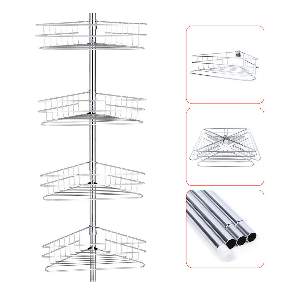 4 Tiers Shower Caddy Corner Shelf Tension Pole Bathroom Storage