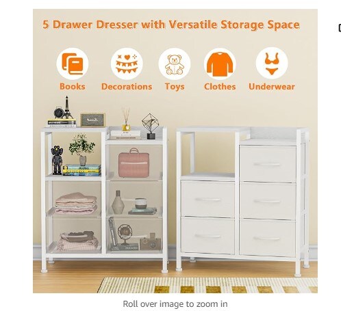 A small chest of drawers with a two-tier side shelf, a white dresser with five storage bins, and fabric tower furniture for the living room, bedroom, foyer, dorm room, and closets.