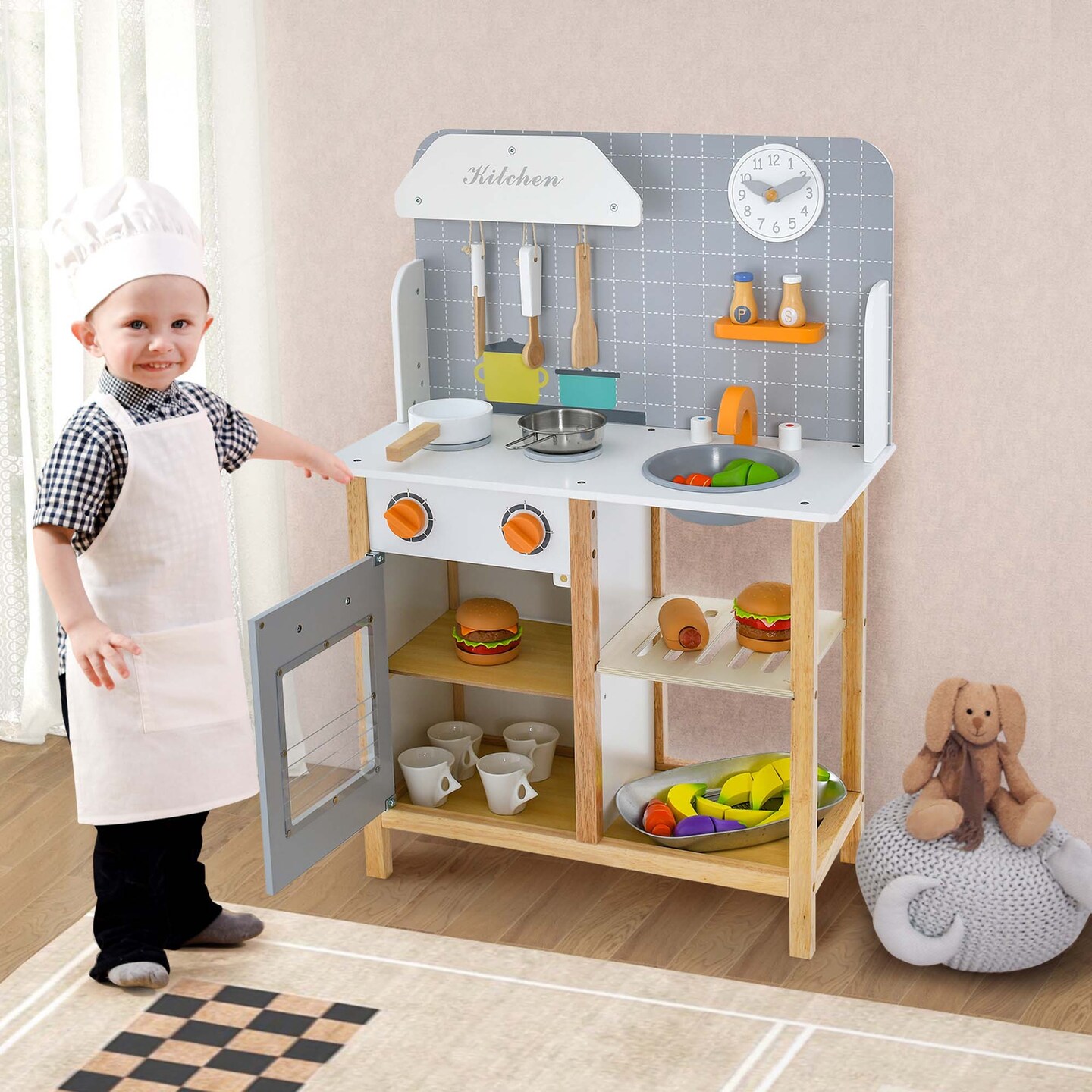 Costway Wooden Kid's Play Kitchen Set Pretend Chef Cooking Toy with Cookware Accessories