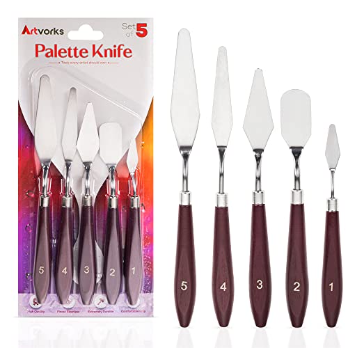 5 Pcs Palette Knife – Stainless Steel Pallet Knife with Smooth Edges & Wooden Handle for Sturdy Grip – Mixing Scraper for Acrylic & Oil Painting, Watercolor – Perfect for Artists & Beginners