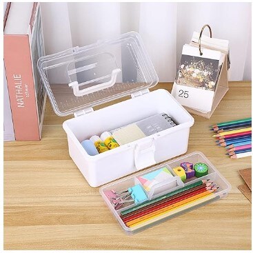 Small Plastic Storage Box with Lid 7.9"x3.7"x4.1" Art Supply Storage Organiser with Handled Removable Tray White Multi-purpose Small Storage Container Portable Sewing Box for Art & Sewing Supplies