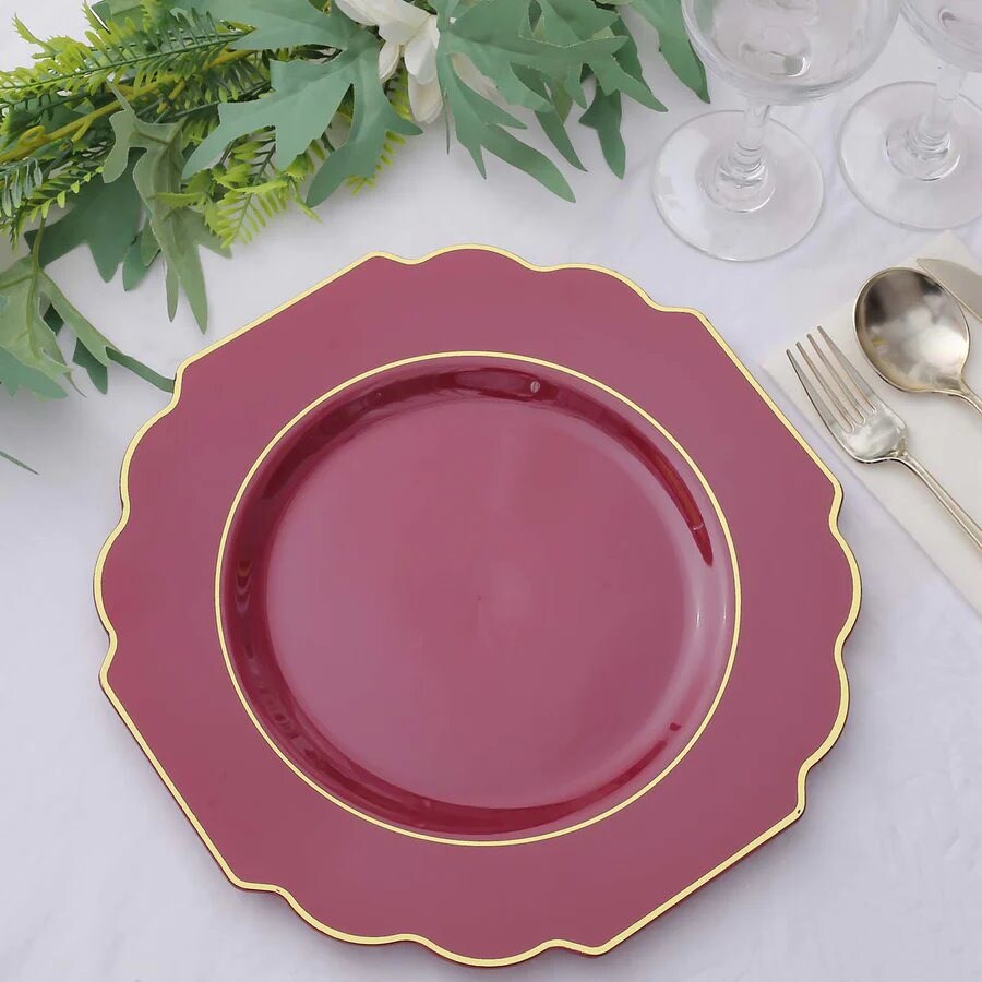10 Pcs 12&#x22; Disposable Baroque Plastic Dinner Plates with Gold Rim