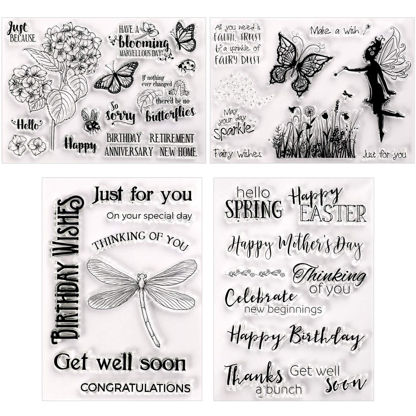 Outus 4 Pieces Clear Stamps Summer Silicone Stamp Cards with Flower, Butterfly, Dragonfly, Greeting Words Pattern for Card Making Decoration and DIY Scrapbooking Embossing Album Decor Craft