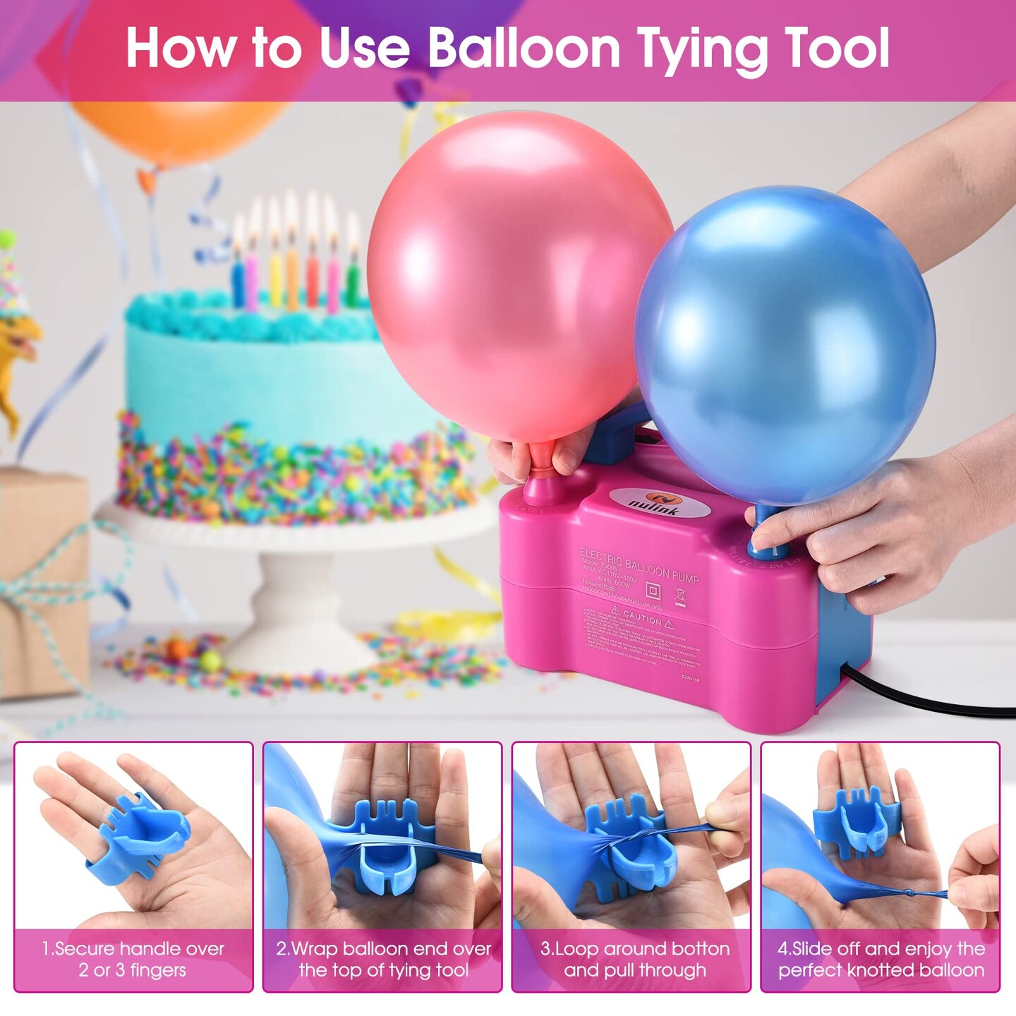 Electric Portable Dual Nozzle Balloon Blower Pump Inflation for Decoration, Party [110V~120V, 600W, Rose Red]