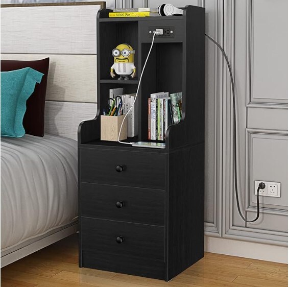Tall End Table for Bedroom Living Room, Bed Side Table/Night Stand with 3 Drawers, Bedside Table with Open Storage Shelf, Black Modern Nightstand with Charging Station