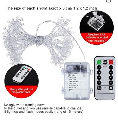 Christmas Snowflake String Lights, 10ft 30 LED, Battery Powered, 8 Modes, Remote and Timer Control, Indoor Outdoor Lighting Decoration for Christmas Snow Theme Parties