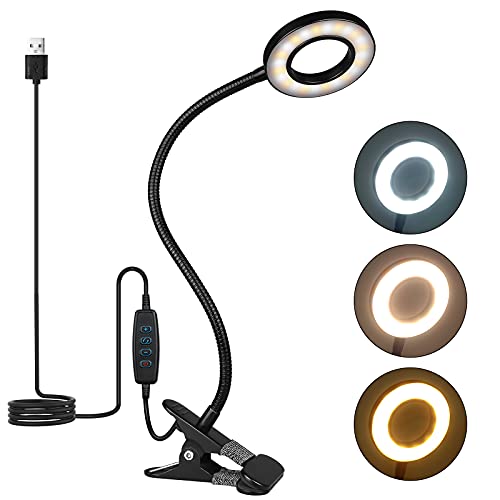 Desk Lamp Clip on Light, 48 LEDs USB Clip Ring Light with 3 Color Modes 10 Dimmable Brightness, Eye Protection Desk Light, 360° Flexible Gooseneck for Desk Headboard Reading